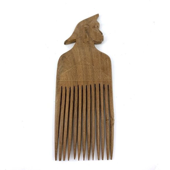 Wood African Hand Carved Art Hair Comb Ornament Pick 8.5" - Picture 1 of 4